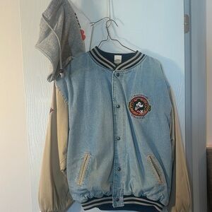 Vintage Disney Light Blue Denim and gray Varsity Jacket w/ detachable hood
